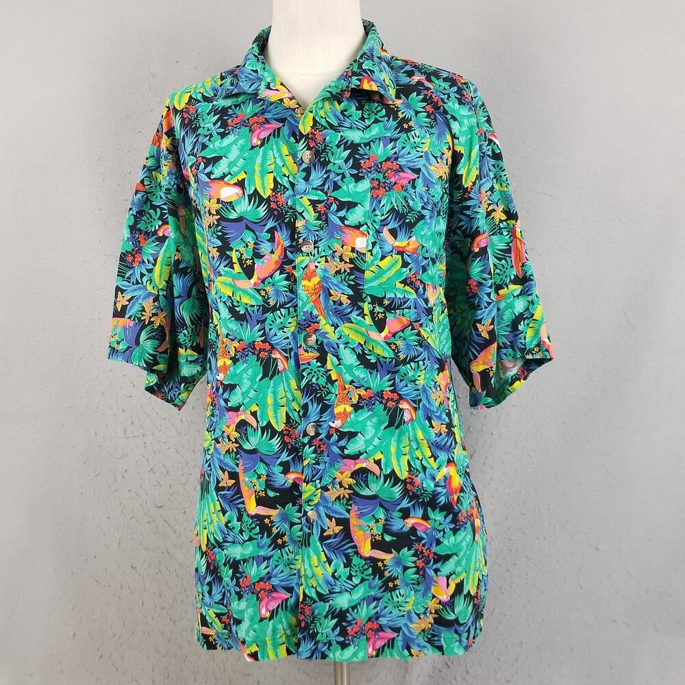 Toucan Dance Hawaiian Shirt Mens XL Black‎ Tropical Toucan Button Up Made USA
